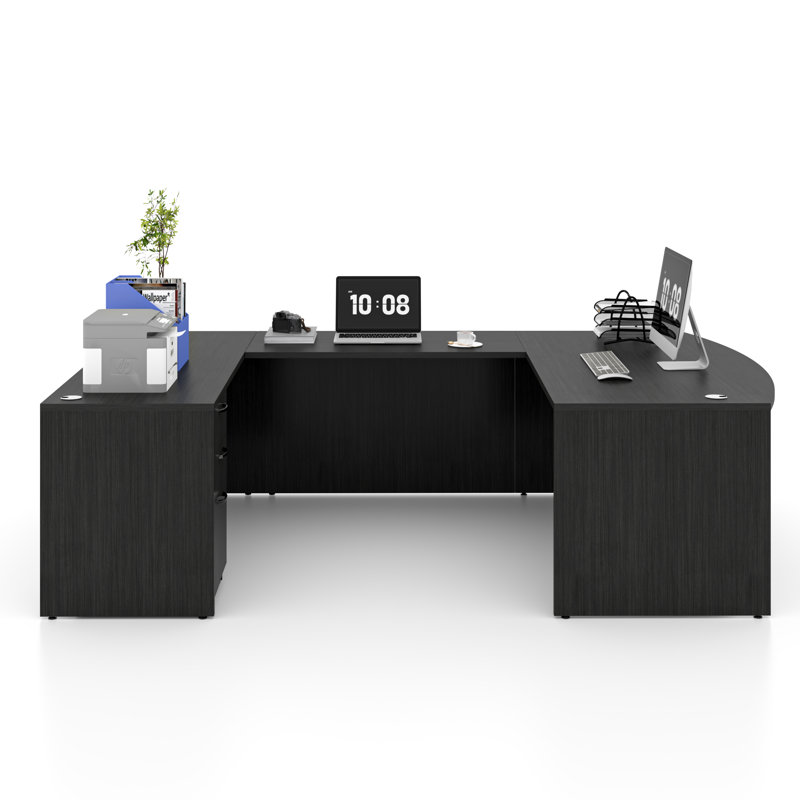 U-Shaped Executive Desk With File Cabinet, Gray