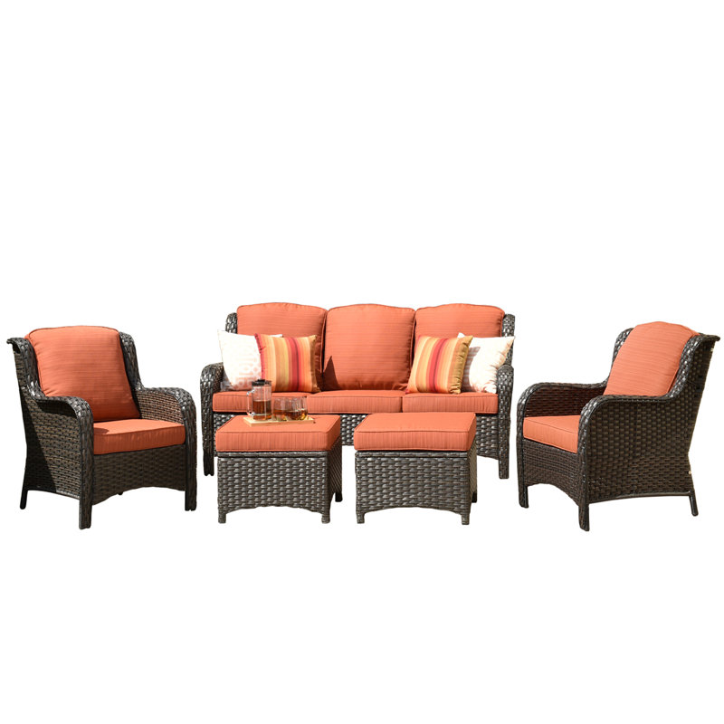 Kanijah Premium All-Weather Wicker 5 - Person Patio Conversation Set with Cushions, Orange