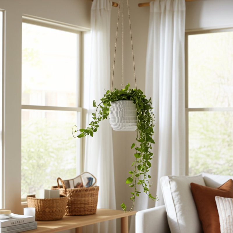 Rosaria Ceramic Hanging Planter, Dimpled White, 6.5" H x 7" W x 7" D