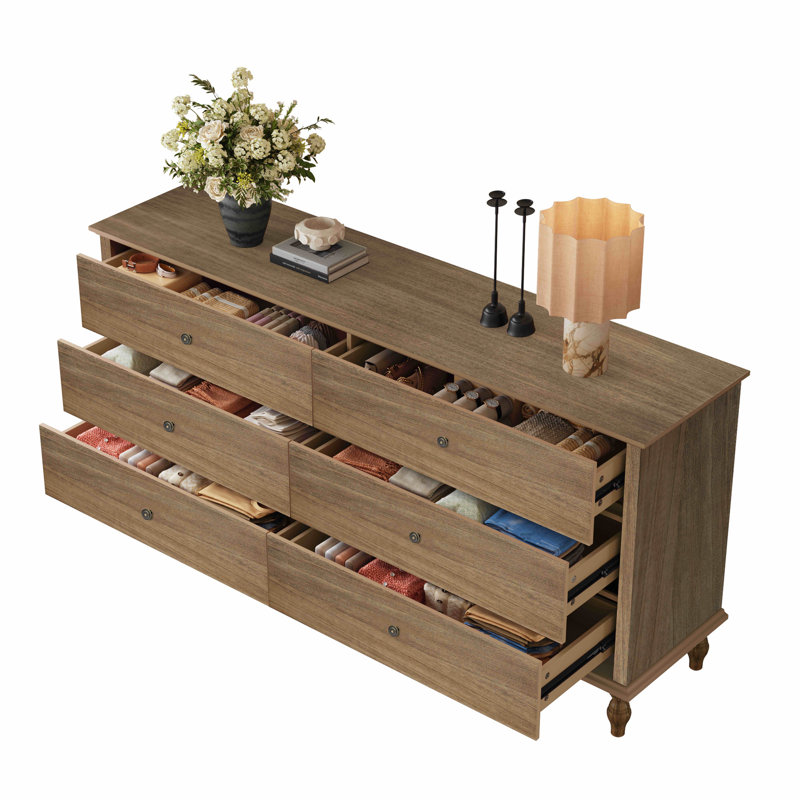 Commode double 6 tiroirs en bois pour chambre à coucher, Marron antique