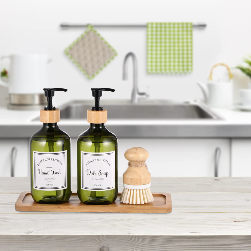 Ensemble de distributeur de savon de cuisine 4 pièces avec plateau en bambou et brosse à vaisselle en plastique 4 oz, Vert