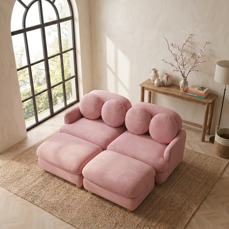 Canapé-lit en chenille pour salon, chambre à coucher, 68 po, 2 Seater with 2 Ottoman, Pink