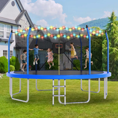 Trampoline 16 pi avec lumières et panier de basketball, amusement extérieur sécuritaire et durable pour les enfants et les adultes