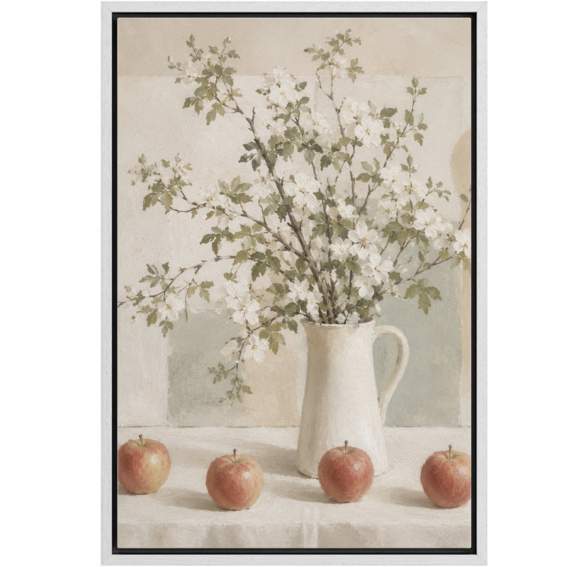 «White Blossom Branches And Apples Still Life», reproduction d'art sur toile encadrée dans la chambre principale, White