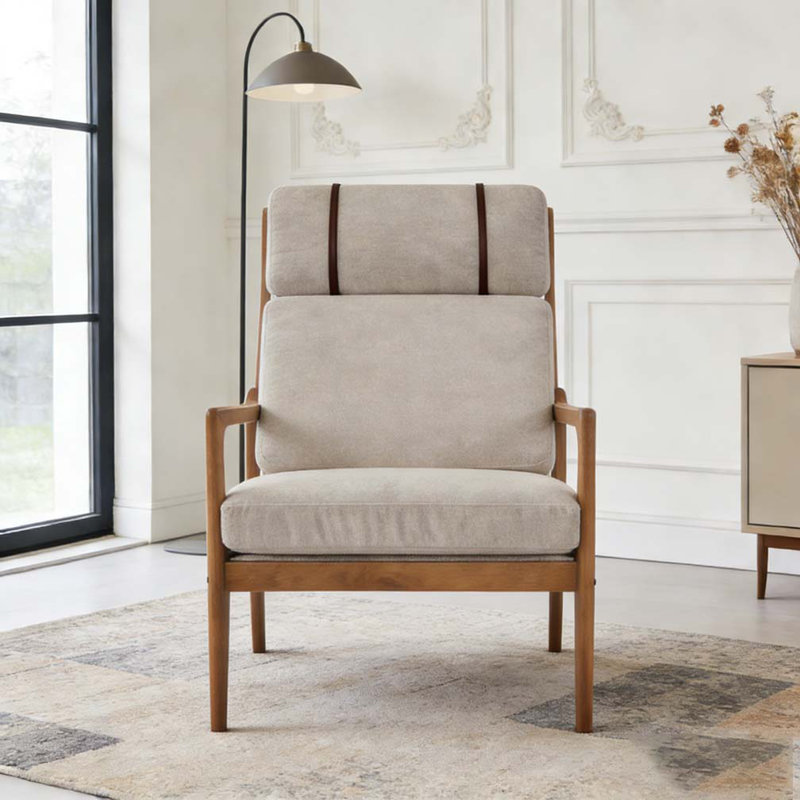 Modern Accent Armchair, Solid Wood Frame with High Back, Light Gray,Walnut, Fabric