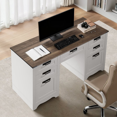 Bureau de direction, capacité de charge de 90 kg, table de bureau de style ferme avec station de recharge, table de direction robuste en panneaux de particules avec tiroirs de rangement, montage facile, noyer