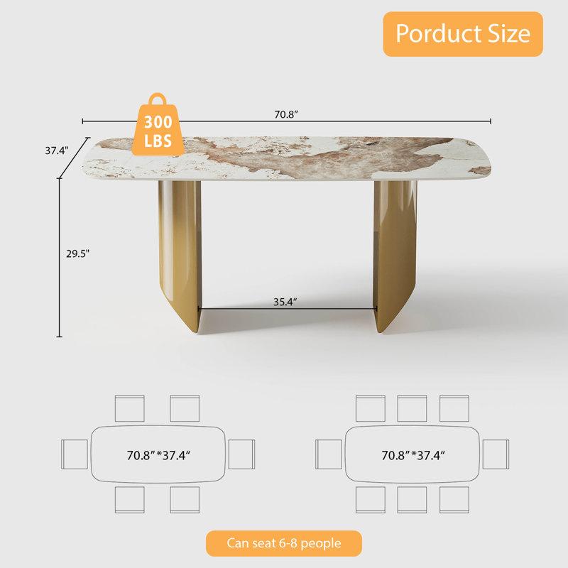 71'' Luxury Sintered Stone Top Dining Table, Modern Rectangular Kitchen Table for 6-8 People with Stainless Steel, Gold Base Dining Room Table for Living Room ( Table Only)