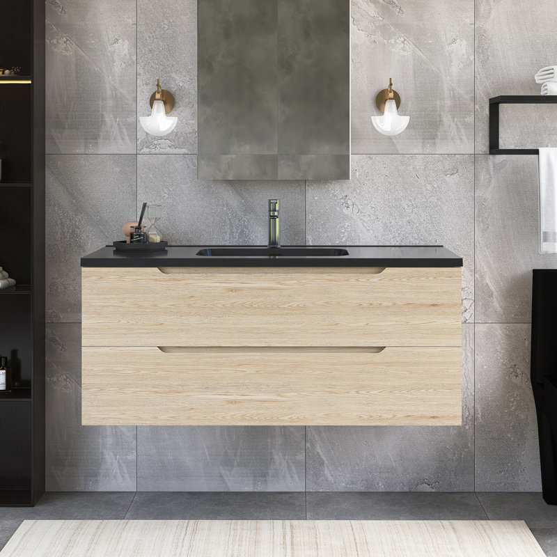 Ensemble de meuble-lavabo mural simple 48 po en chêne Evita avec plateau en quartz intégré