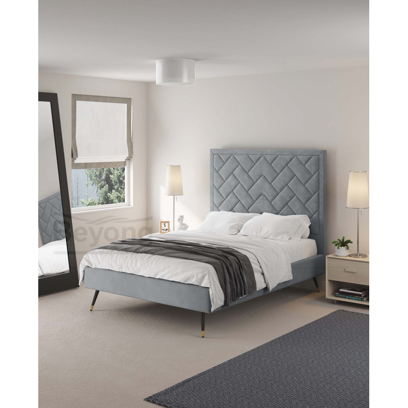 Lit double en velours Crosby, Double, Gris