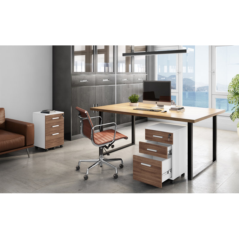 Galia Lazio Hanging File Cabinet W/ 3 Lockable Drawers & Wheels, White/Walnut