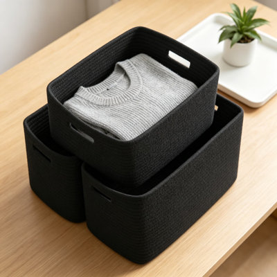 3-Pack Woven Rope Storage Baskets, Collapsible Organizer Bins For Shelves, Perfect For Toys, Books, Towels, And Clothes In Living Room, Bedroom, Or Nursery