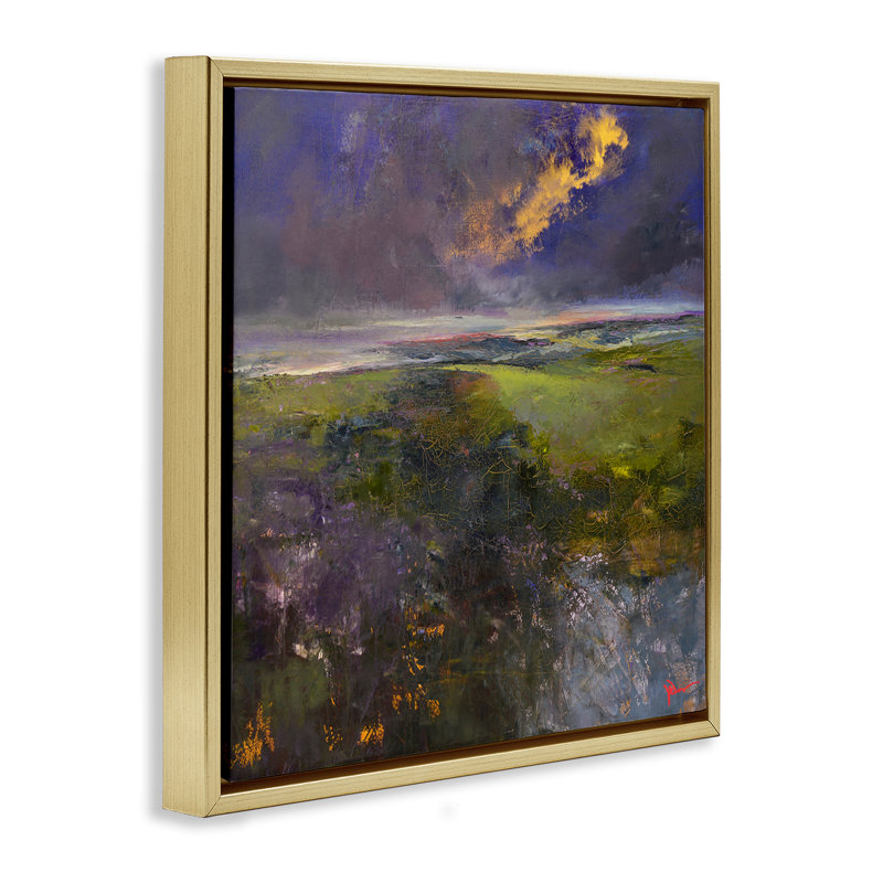 «Gilded Landscape», art mural encadré flottant abstrait par Patrick Dennis, H 25 po x l 25 po, Cadre flottant métallique doré