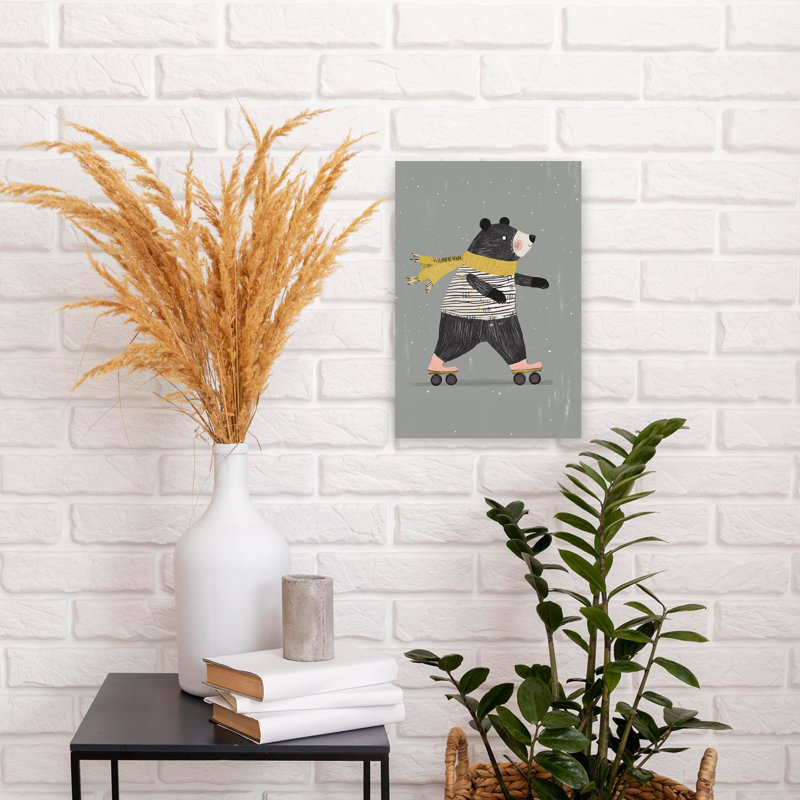 Whimsical Roller Skating Bear Playful Whimsical Abstract Bear Winter Landscape Wall Art Print 1 Piece Wrapped Canvas Wall Art