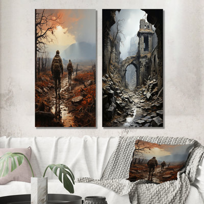Military War Landscape No Mans Land  Ruins Wall Art Living Room Set Of 2