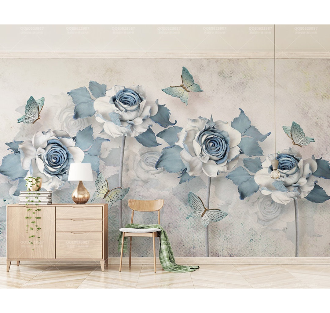 Yuleisy Soft Blue Flower Butterfly Textile Wallpaper Red Barrel Studio® 