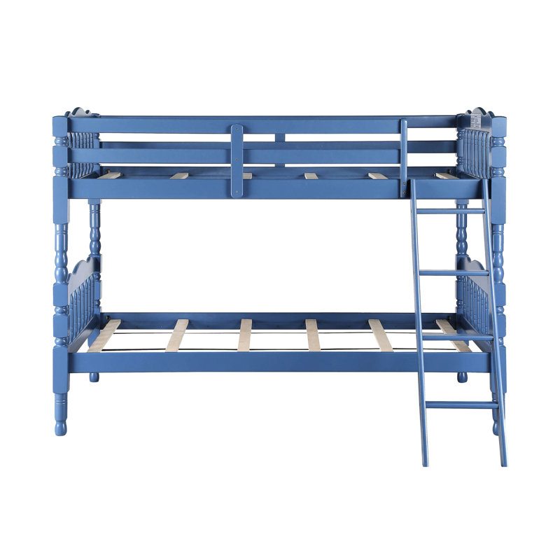 Lit superposé simple bleu foncé - version, forme convertible, système de lattes inclus, échelles frontales à droite, barrière de sécurité protégée, charge maximale de 330 lb pour la sélection des jumeaux, structure, limite de poids accessible