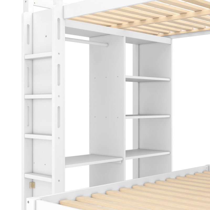 Lit double superposé double TG / double avec lit inférieur démontable et bureau, structure de lits superposés en bois massif avec tablettes intégrées et garde-robe, peut être converti en lit mezzanine, blanc