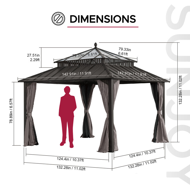 SUNJOY Kingston 12x12 Gazebo, Steel & PC Roof Hardtop Gazebo with Curtain and Netting - Brown Aluminum Posts, Brown