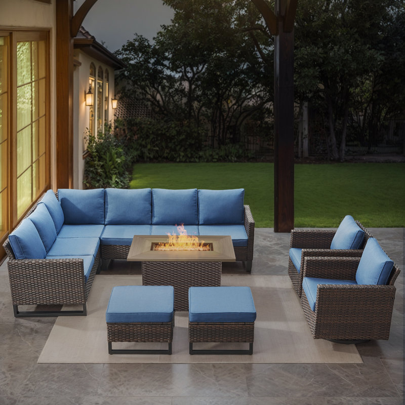 Ingvald 8- Person Outdoor PE Wicker Patio Conversation Set with Fire Pit, Ottomans and Cushions, Blue, Brown