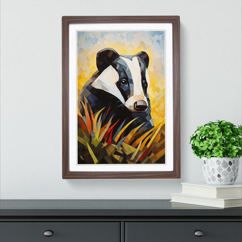 Badger Cubism Art - Framed Print, 46cm H x 34cm W, Walnut Framed
