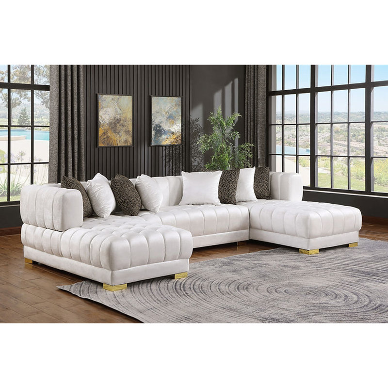 Canapé modulaire rembourré 3 pièces Khysen, Velours blanc