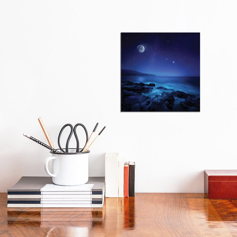 Rocks Seaside Against Rising Moon And Starry Field, Crete, Greece by Evgeny Kuklev - Wrapped Canvas Print