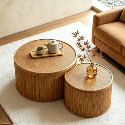 Table basse 43,9 "en rotin incrusté avec rangement, ensemble 2 pièces