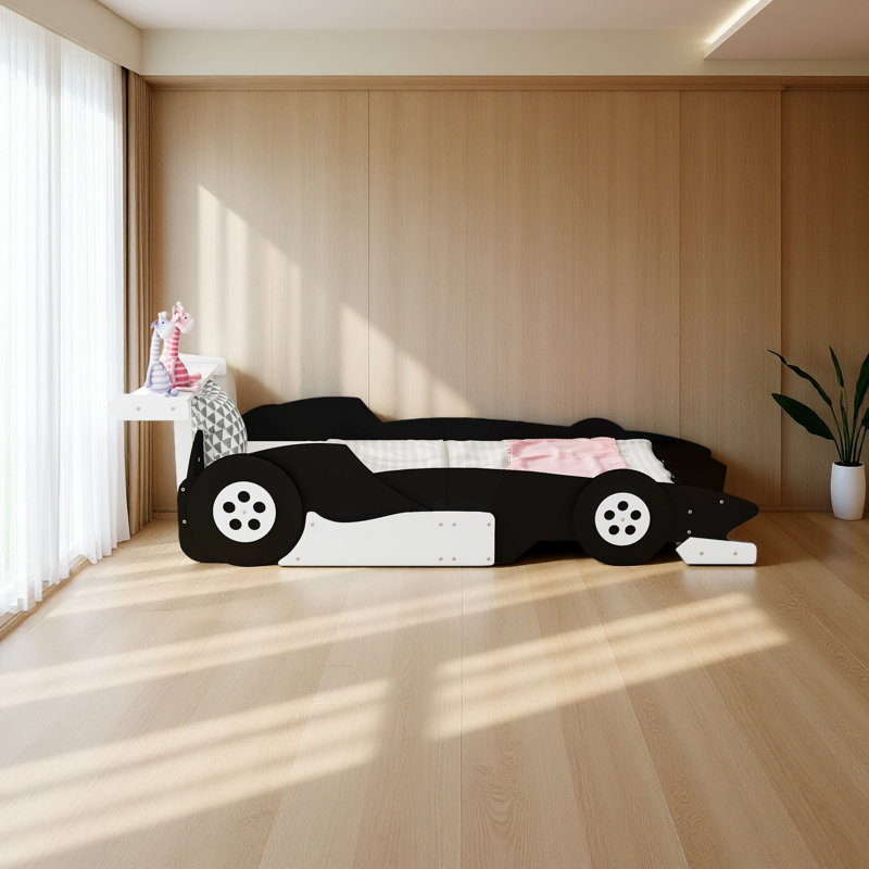 Twin Size Race Car-Shaped Platform Bed With Wheels,, Black