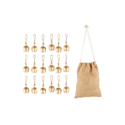 Metal Vintage Rustic Indoor Outdoor Gold Decorative Bells With Brown Jute Rope And Canvas Drawstring Tote Set