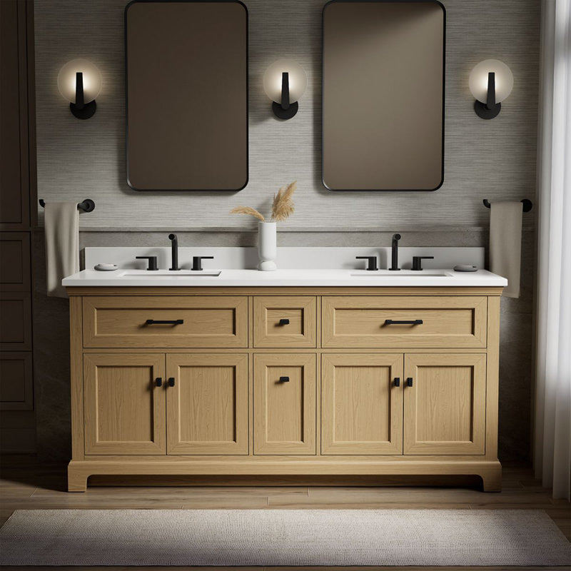 Charlemont 60 In. Bathroom Vanity Cabinet With Sinks And Quartz Top, Light Oak, Matte Black