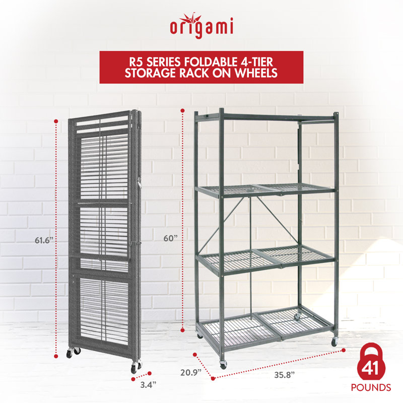  4 Tier Multipurpose Folding Storage Rack with Wheels, 3 Pack, Gray