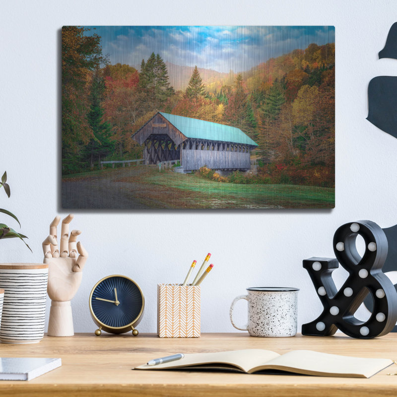 «Autumn At Bennet Bean Bridge» par Rick Berk, mur en métal, H 12 po x l 16 po