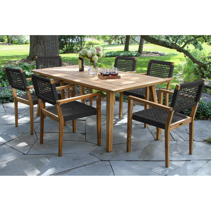 Akiva 7 Pc. Teak & Rope Dining Set, Black Rope