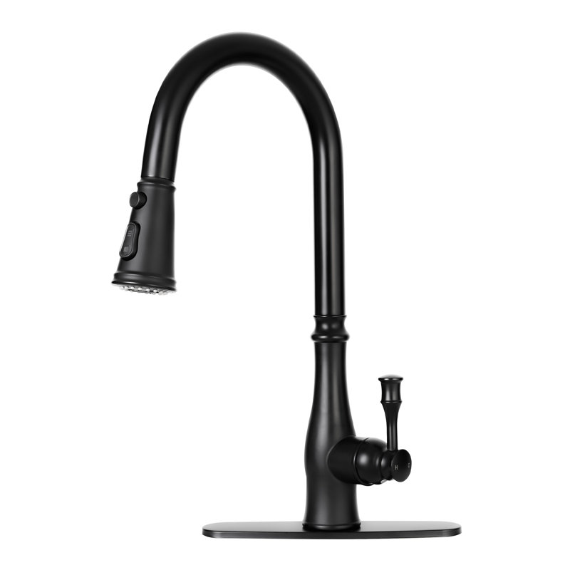 Kitchen Faucet with Pull Down Sprayer, 3-Function Kitchen Sink Faucets with Deck Plate, Fits 1-Hole and 3-Hole Sinks, Single Handle 304 Stainless Steel, Black