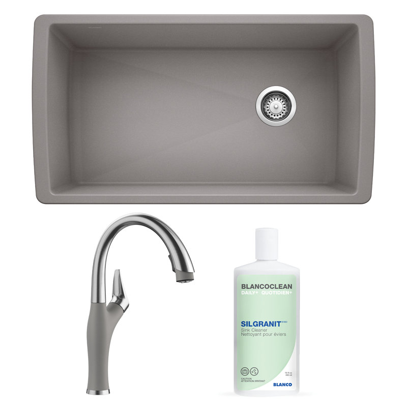 Diamond 33.5" L x 19" W Undermount Kitchen Sink with Faucet & Sink Cleaner, Metallic Gray
