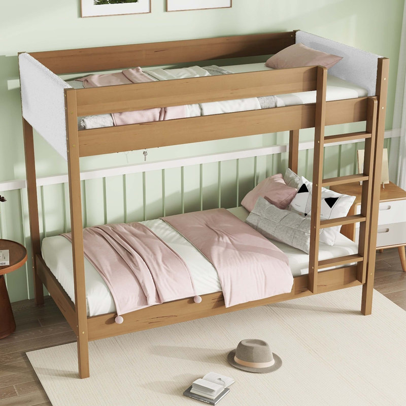 Natural Rubber Wood Twin-Over-Twin Bunk Bed With Boucle Upholstered Headboard, Footboard, Ladder, And Safety Guardrails