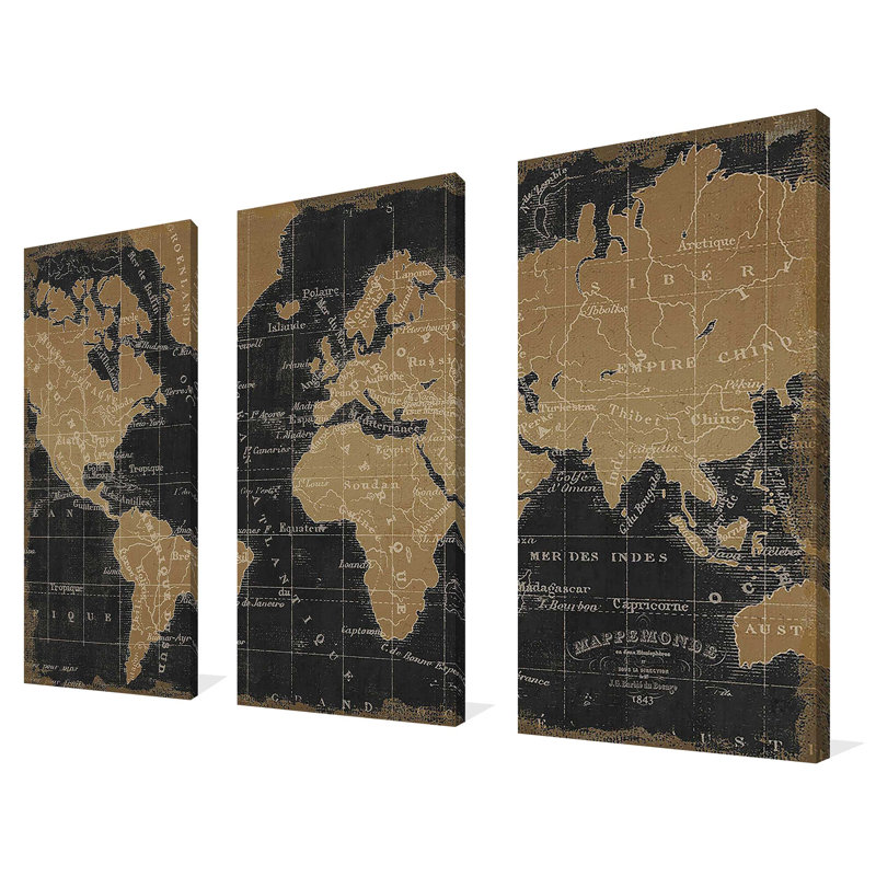 "Mappemonde Borderless Black Gold" par Pela Studio, reproduction sur toile 3 pièces, L 36 po x H 24 po