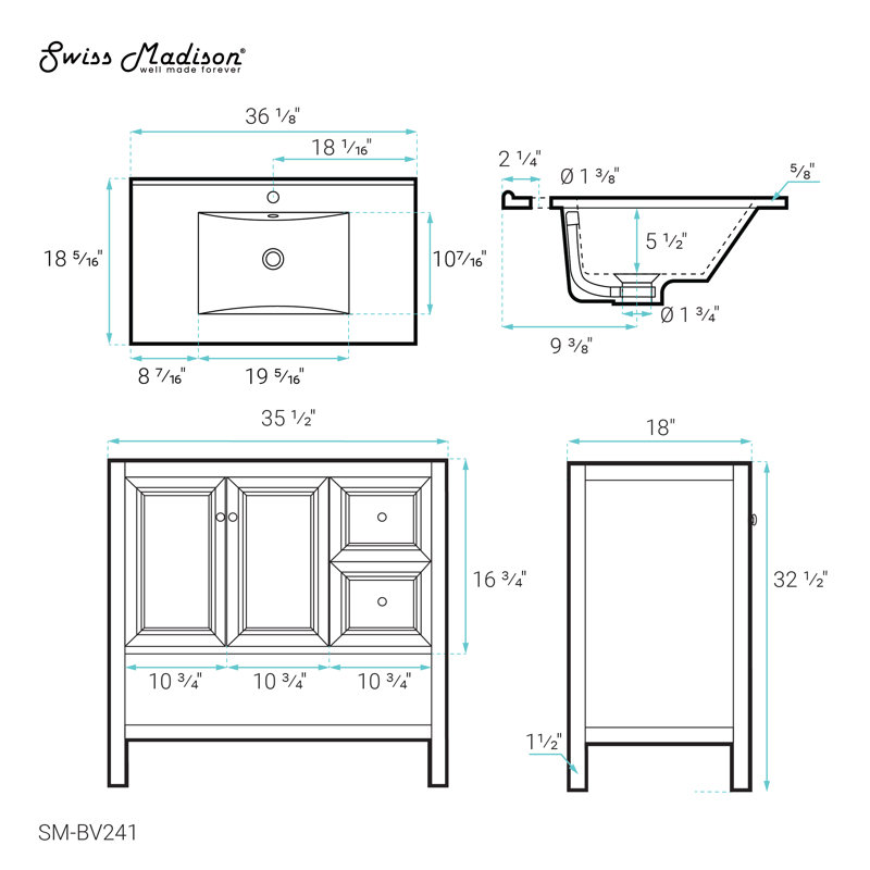 Chateau 36" Natural Oak Freestanding Bathroom Vanity with White Sink