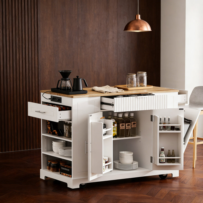 Îlot de cuisine cannelé avec rangement pour poubelle, prise de courant et roulettes pour les cuisines modernes., Blanc