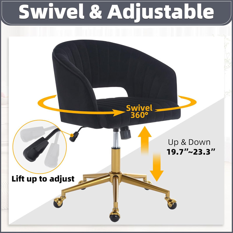 Velvet Desk Chair with Wheels, Home Office Swivel Armchair with Gold Base, Back Incline Adjustable for Vanity Make-up, Black