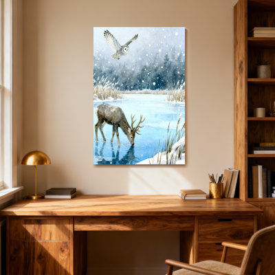 Animaux, hiver, hibou, cerf, neige, paysage, aquarelle