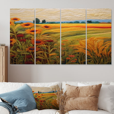 Tournesols près du pré vert - prairie, art mural 4 pièces