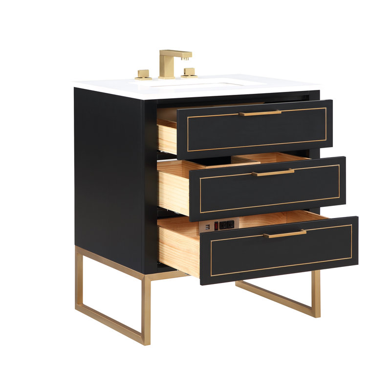 Ensemble de meuble-lavabo simple 30 po Markham, Nuit noire, Laiton satiné, Quartz Calacatta universel