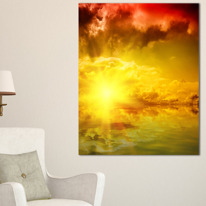 Art mural rouge spectaculaire avec paysage soleil jaune sur toile tendue, H 40 po x l 30 po x P 1 po