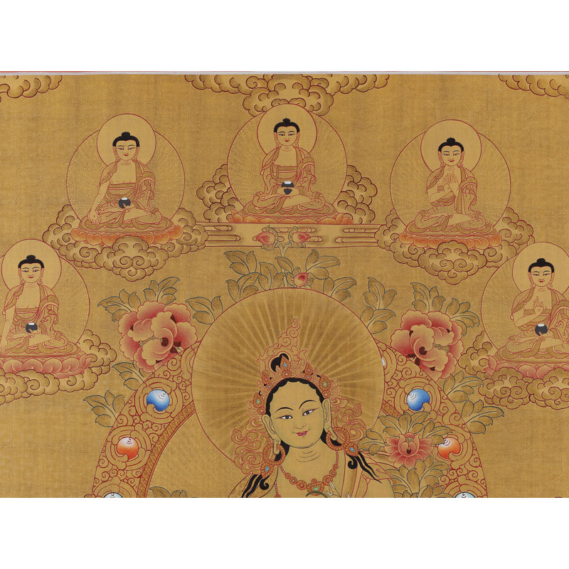 «Green Tara — Swift Compassion» peint à la main Thangka | Toile de coton H 27,2 po x l 18,9 po accentuée d'une feuille d'or 24 carats
