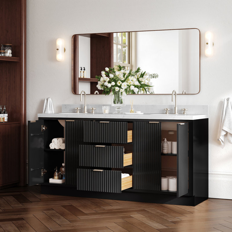 Meuble-lavabo double 72 po en bois massif avec plateau en quartz de 1,5 po Carrara noir, lavabo ovale, Noir, noir, noir, noir