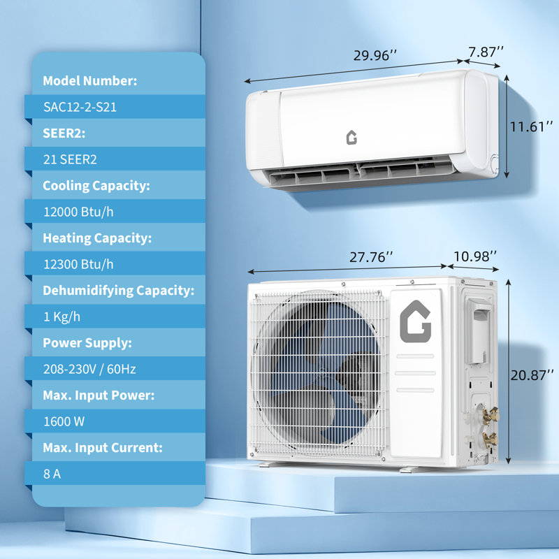 21 SEER2 12 000 BTU Mini climatiseur à deux blocs et thermopompe murale sans conduit