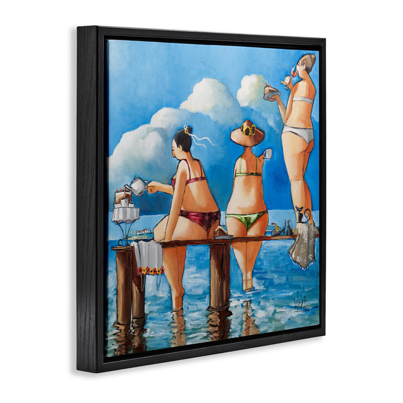 Whimsical Summer Beach Ladies, 18" H x 18" W, Jet Black Floater Frame