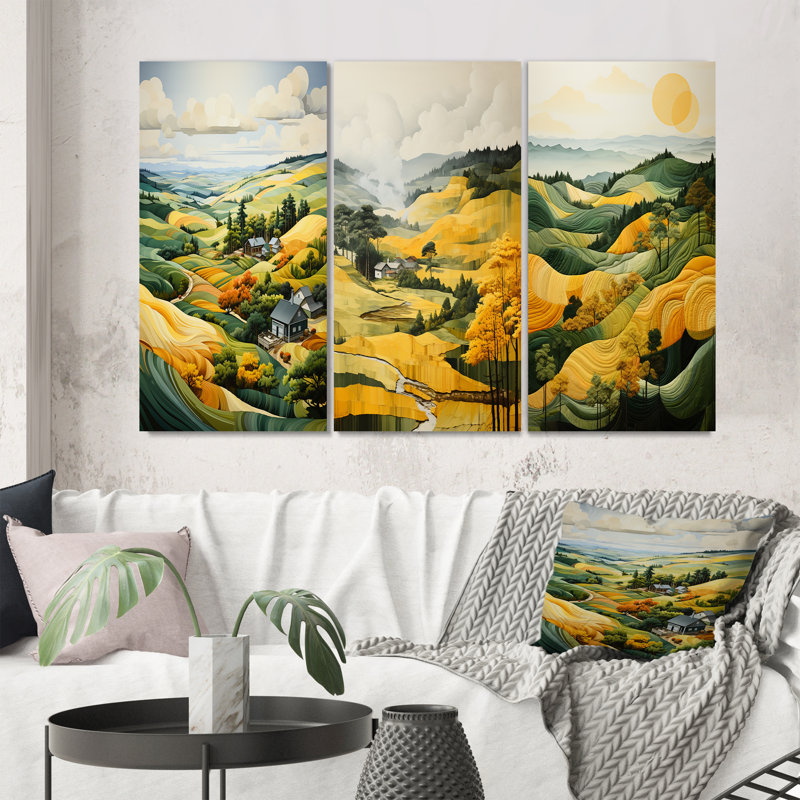 «Yellow and Green Pastoral Bold Landscape», 3 pièces, Toile tendue, H 28 po x l 36 po