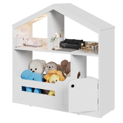 Bibliothèque et rangement pour jouets, bibliothèque en forme de maison à 2 niveaux avec porte et capteur de lumière, jolie tablette de présentation pour chambre d'enfant, salle de jeux, chambre de bébé